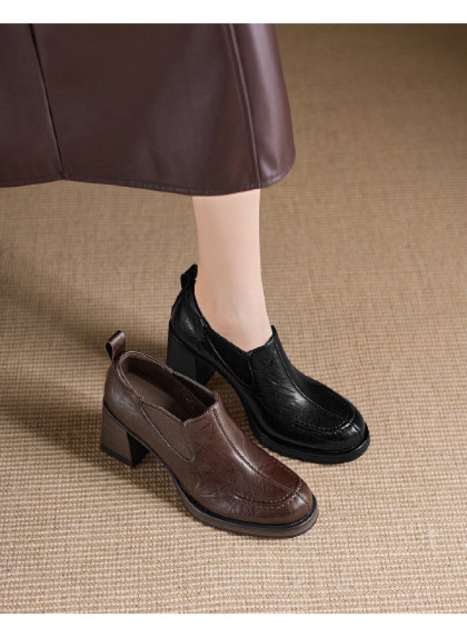 St&Sat Saturday Loafers Women's Single Shoes 2026 New Style Chunky Heel Slip-on Deep V Small Leather Shoes Soft Sole High Heels - Image 1